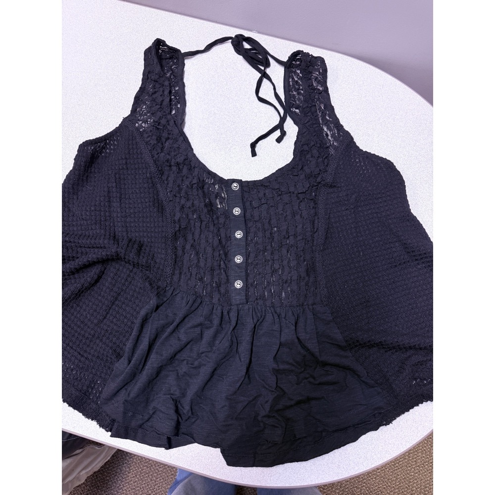 Black Lace Peplum Tank Top Button Front Tie Back Sleeveless